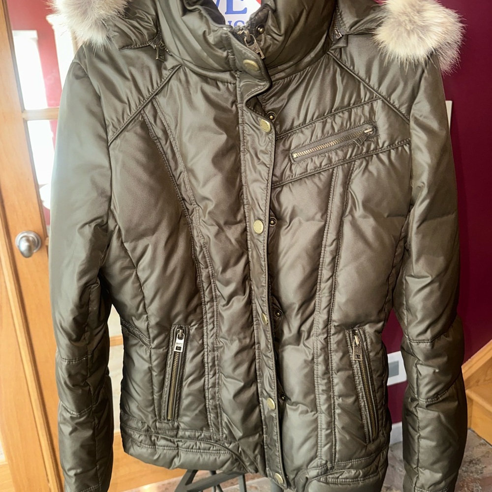 Andrew Marc Dark Green Puffer Jacket with Fur Hood